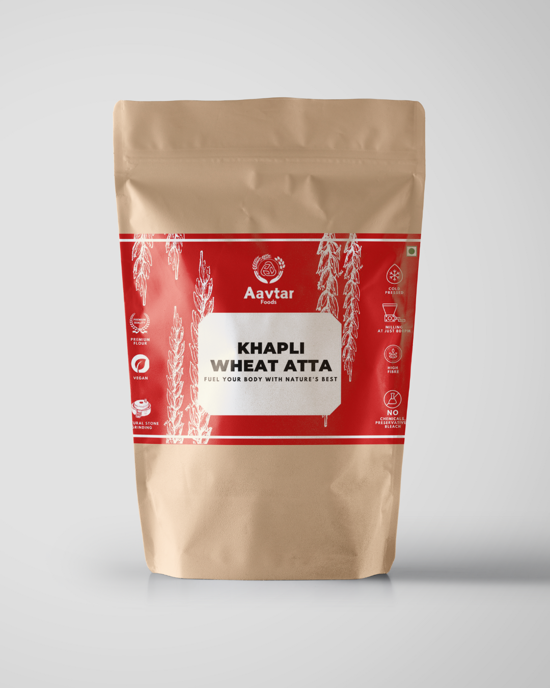 Khapli wheat atta packaging by Aavtar, featuring nutritional benefits and ancient grain health properties.