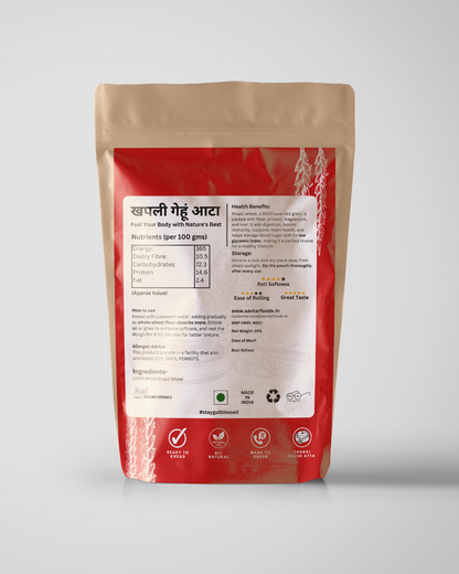 Cold milled Khapli wheat atta pack showcasing nutritional benefits and ingredients on red and beige packaging.